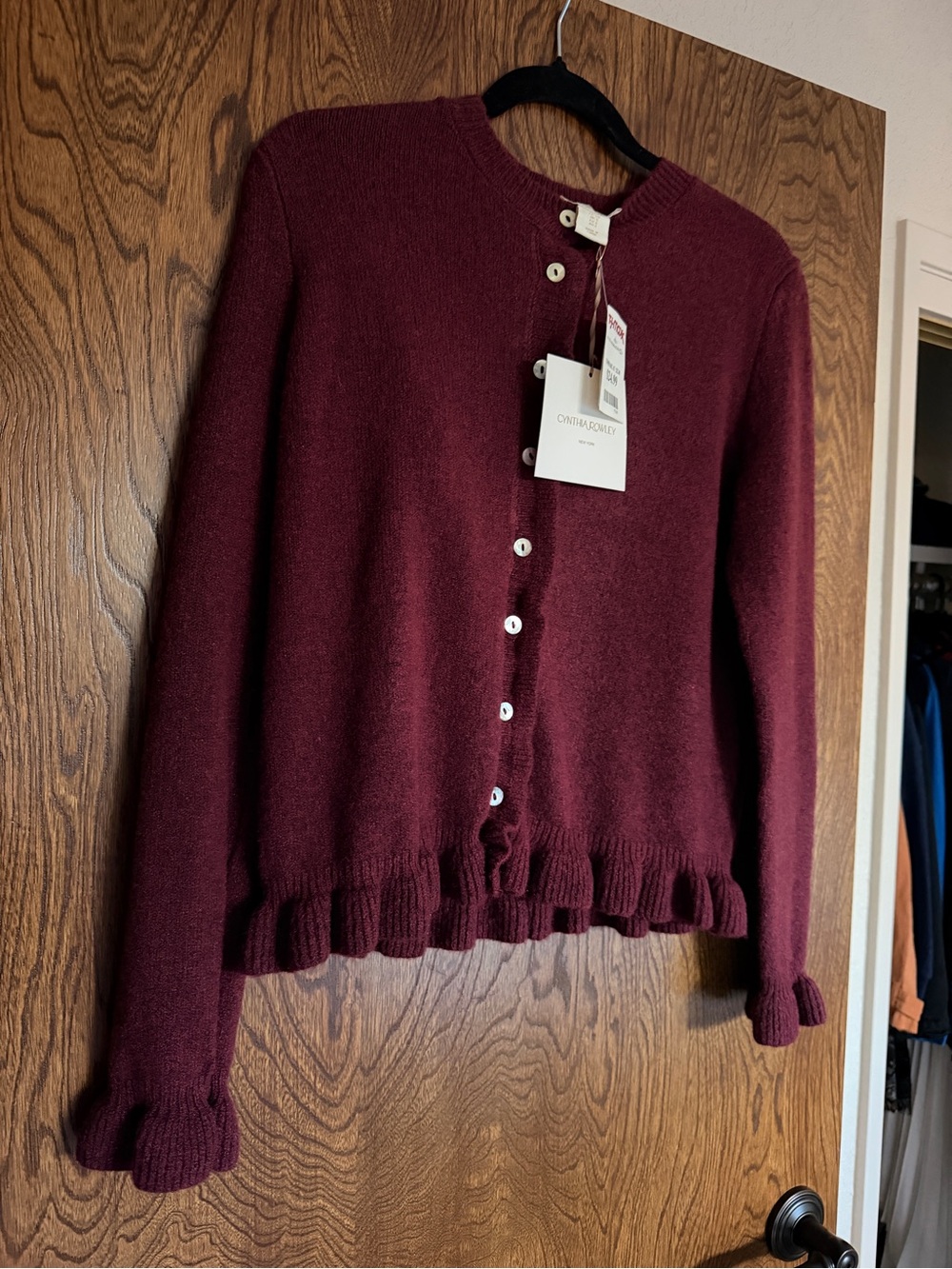 Cynthia Rowley Ruffle-Hem Button Cardigan in Burgundy